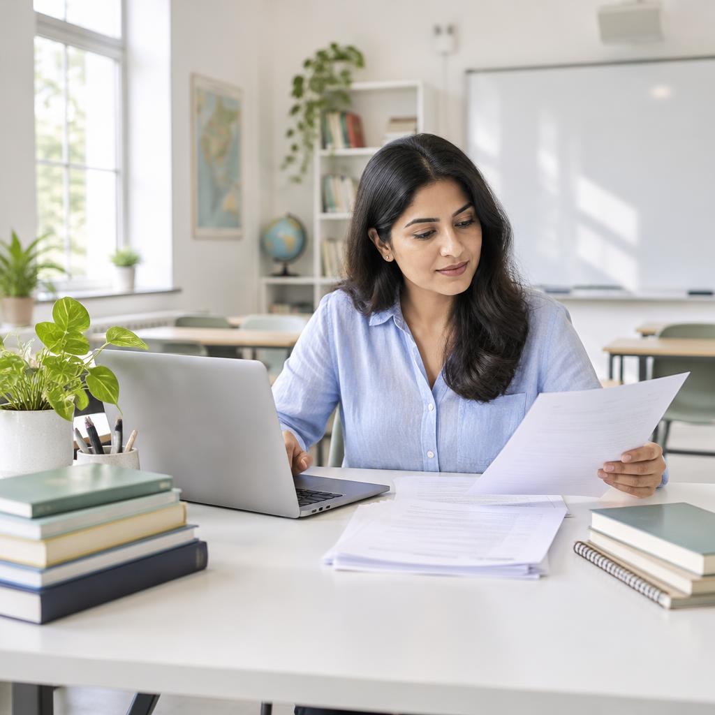 Teacher planning academic work with a laptop and printed papers